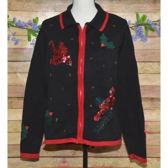 Jason Maxwell M Black Full Zip Christmas Cardigan Sweater Sequin Cardinal Birds - Picture 1 of 10